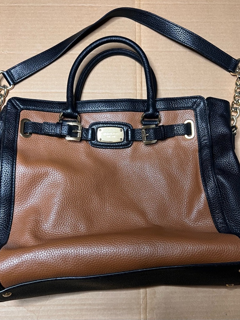 Michael Kors Large Leather Satchel Brown Black Gold Hardware Tote Bag - Picture 2 of 9